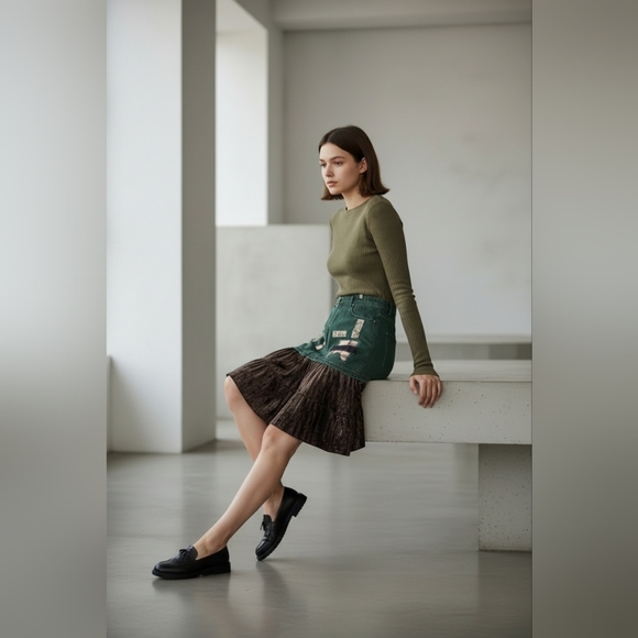 Upcycled We The Free Green Patchwork Skirt with Velvet Hem Size 10/12 - Picture 16 of 16